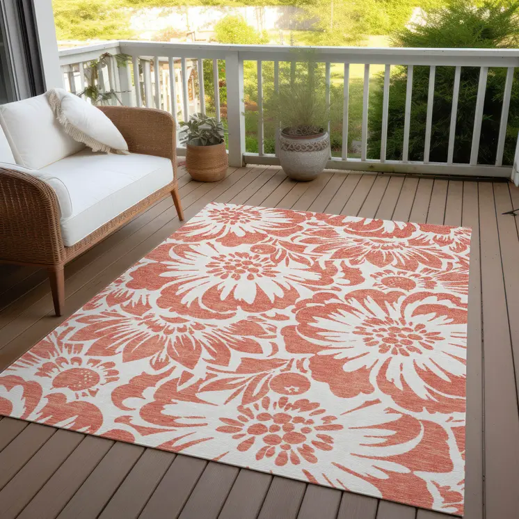 9' X 12' Salmon and Ivory Floral Washable Non Skid Indoor Outdoor Area Rug