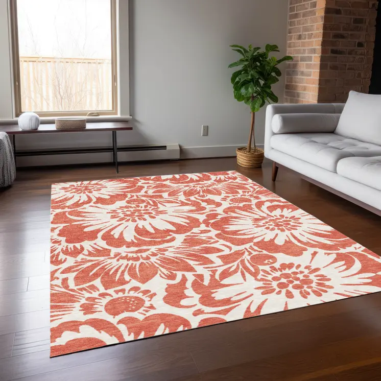9' X 12' Salmon and Ivory Floral Washable Non Skid Indoor Outdoor Area Rug