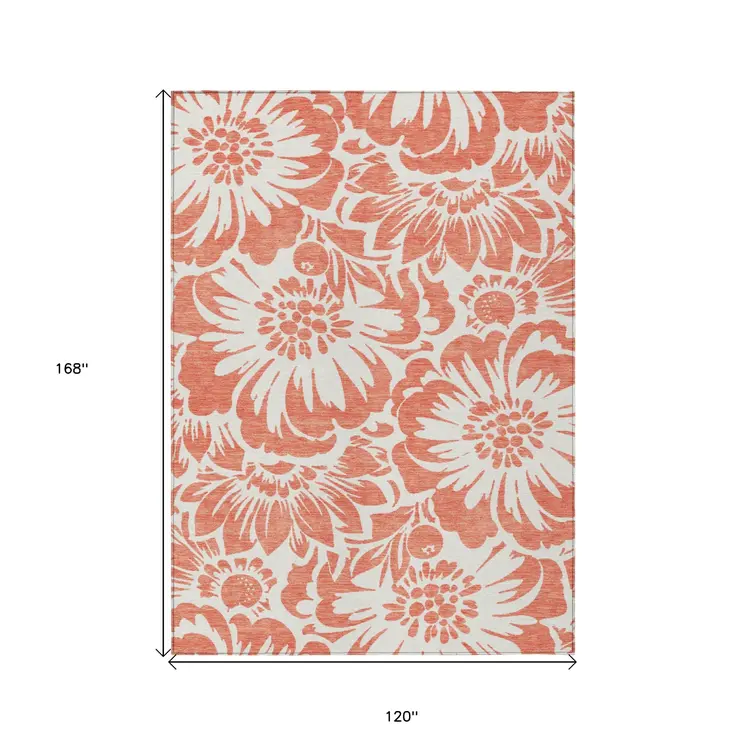 10' X 14' Salmon and Ivory Floral Washable Non Skid Indoor Outdoor Area Rug