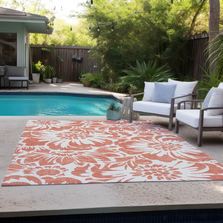 10' X 14' Salmon and Ivory Floral Washable Non Skid Indoor Outdoor Area Rug