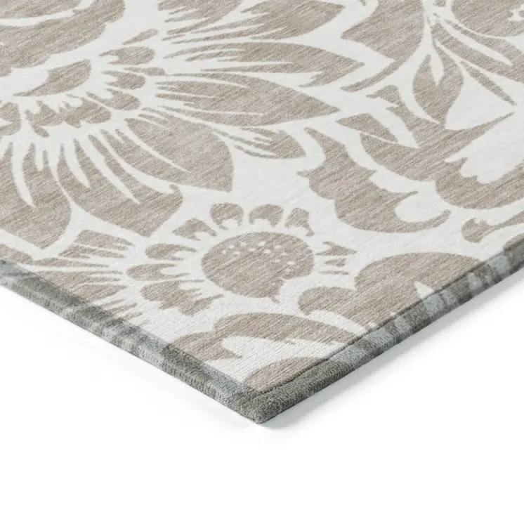 2' X 8' Taupe and Ivory Floral Washable Non Skid Indoor Outdoor Runner Rug