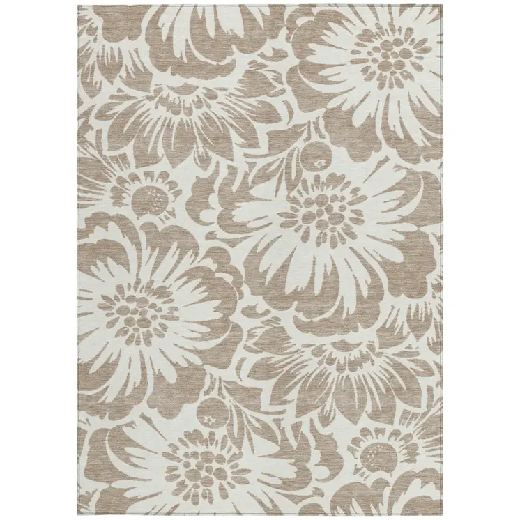 3' X 5' Taupe and Ivory Floral Washable Non Skid Indoor Outdoor Area Rug