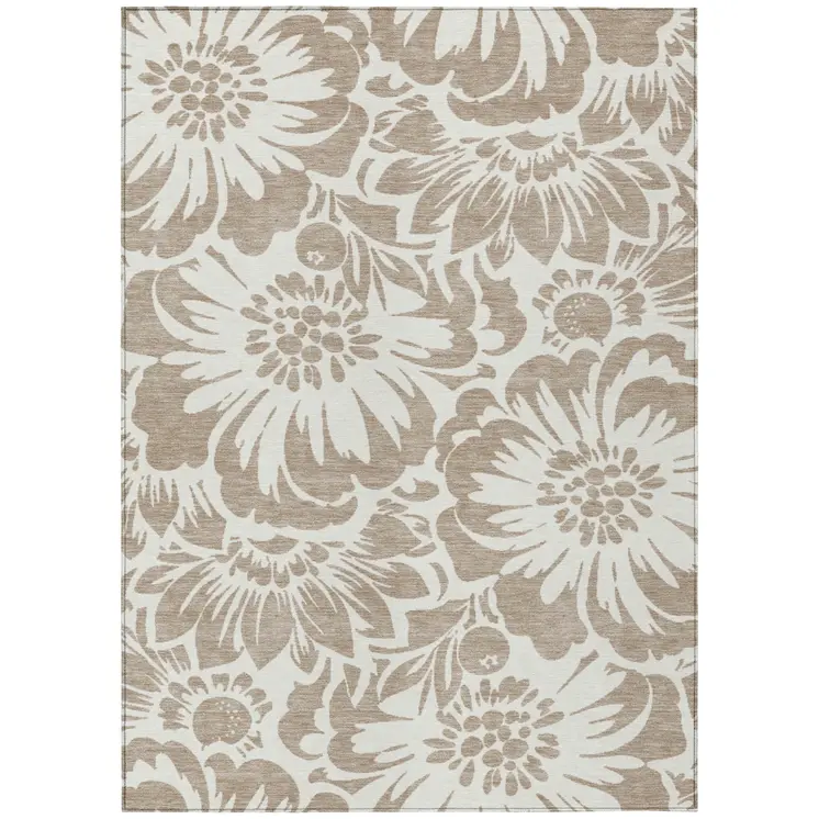 3' X 5' Taupe and Ivory Floral Washable Non Skid Indoor Outdoor Area Rug