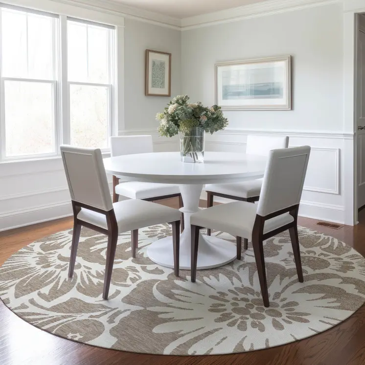 8' X 8' Taupe and Ivory Round Floral Washable Non Skid Indoor Outdoor Area Rug