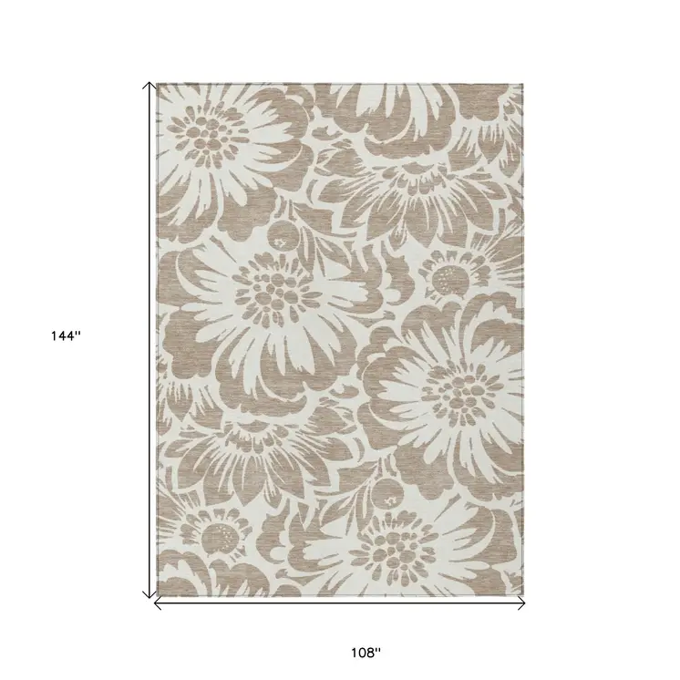 9' X 12' Taupe and Ivory Floral Washable Non Skid Indoor Outdoor Area Rug