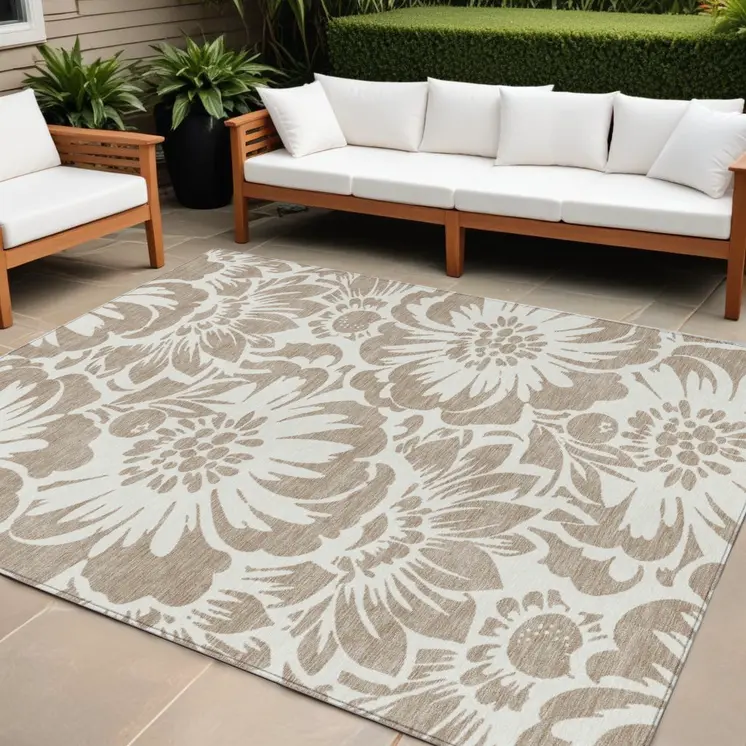 9' X 12' Taupe and Ivory Floral Washable Non Skid Indoor Outdoor Area Rug