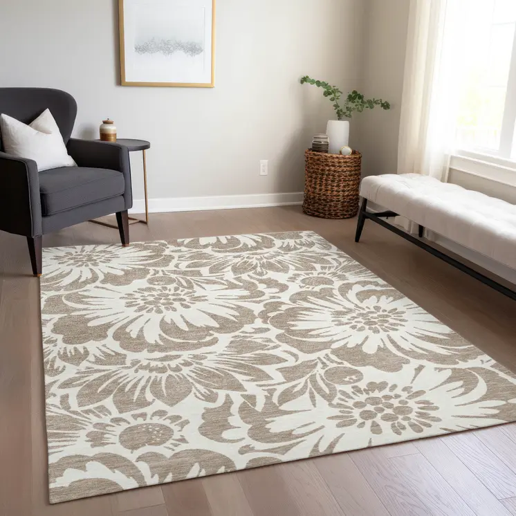 9' X 12' Taupe and Ivory Floral Washable Non Skid Indoor Outdoor Area Rug