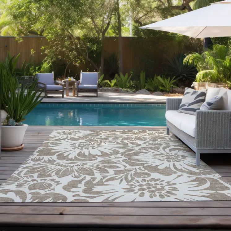 9' X 12' Taupe and Ivory Floral Washable Non Skid Indoor Outdoor Area Rug