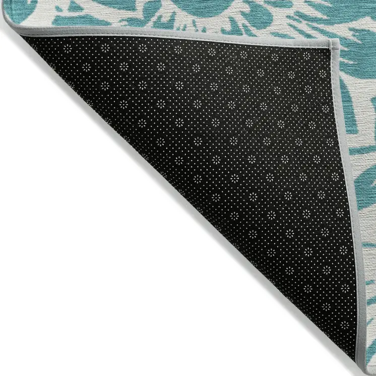 2' X 3' Teal and Ivory Floral Washable Non Skid Indoor Outdoor Area Rug