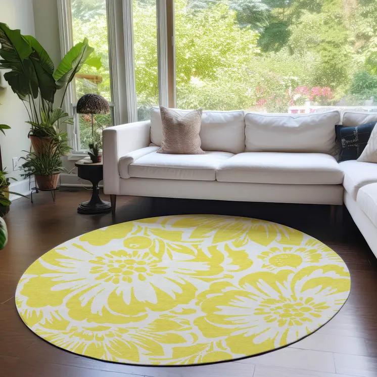 8' X 8' Yellow and Ivory Round Floral Washable Non Skid Indoor Outdoor Area Rug