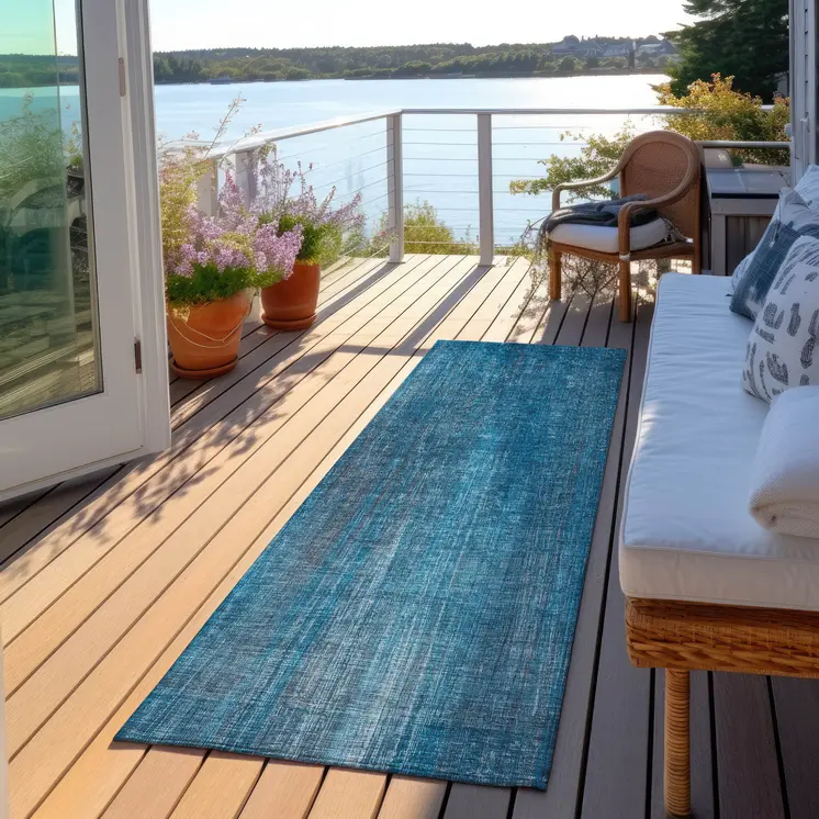 2' X 8' Blue Striped Washable Non Skid Indoor Outdoor Runner Rug