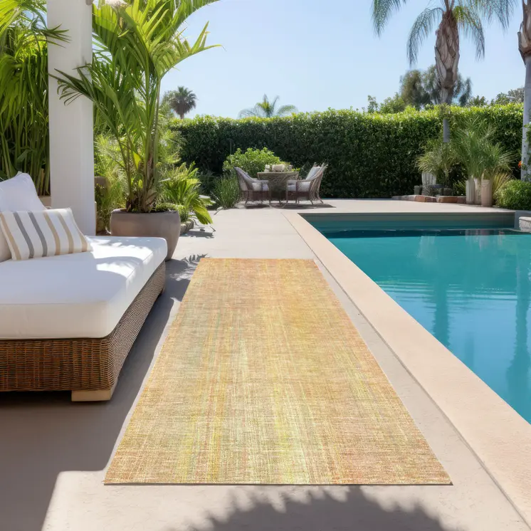 8' Runner Yellow and Orange Striped Washable Non Skid Indoor Outdoor Runner Rug