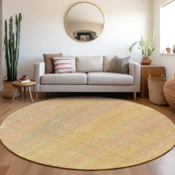 8' Round Yellow and Orange Round Striped Washable Non Skid Indoor Outdoor Area Rug