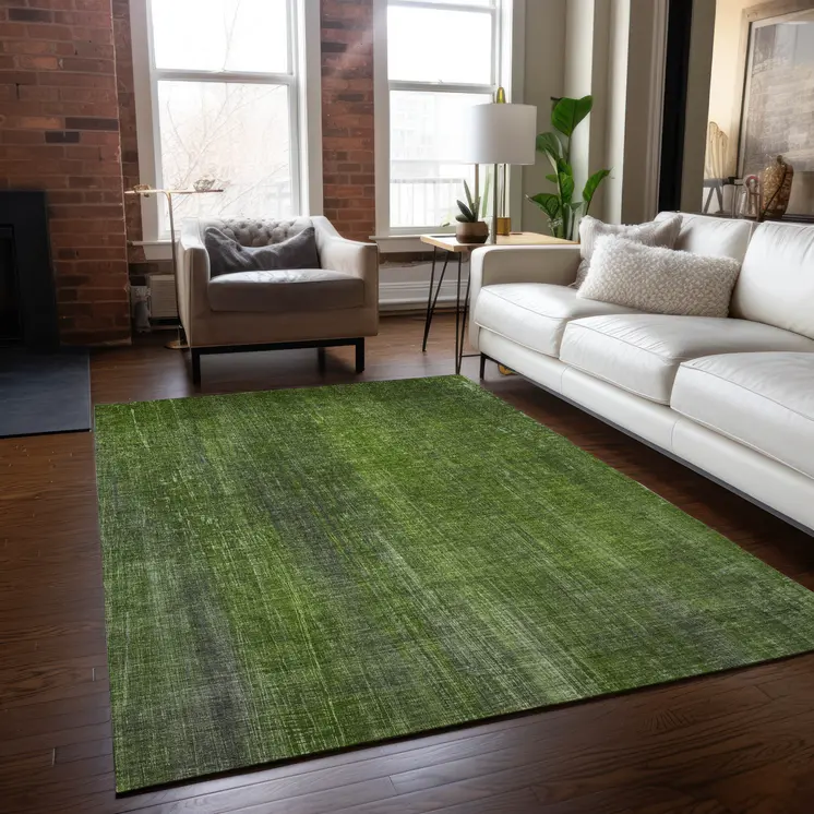9' X 12' Green Striped Washable Non Skid Indoor Outdoor Area Rug