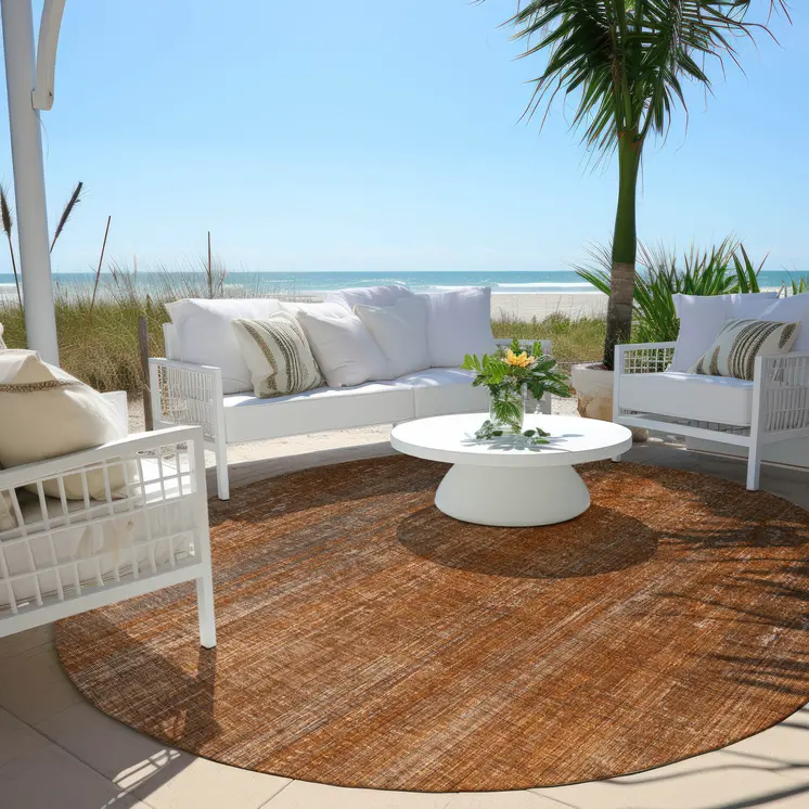 8' Round Orange Round Striped Washable Non Skid Indoor Outdoor Area Rug