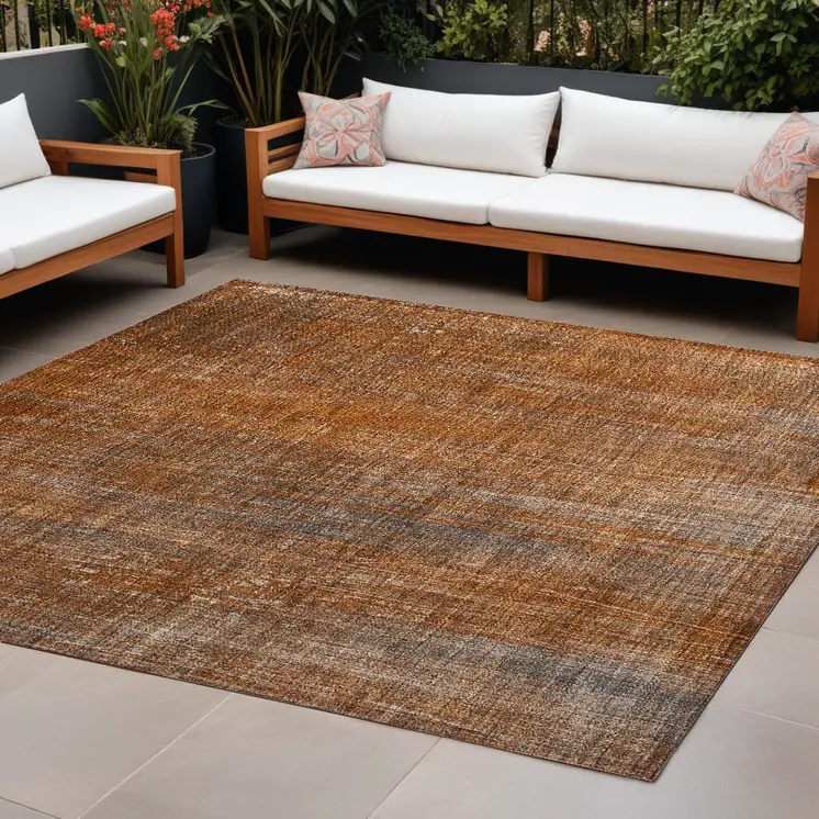 9' X 12' Orange Striped Washable Non Skid Indoor Outdoor Area Rug