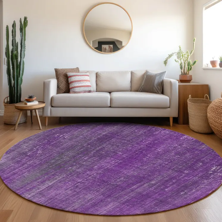 8' Round Purple Round Striped Washable Non Skid Indoor Outdoor Area Rug