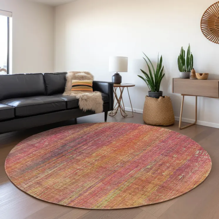 8' Round Red and Orange Round Striped Washable Non Skid Indoor Outdoor Area Rug