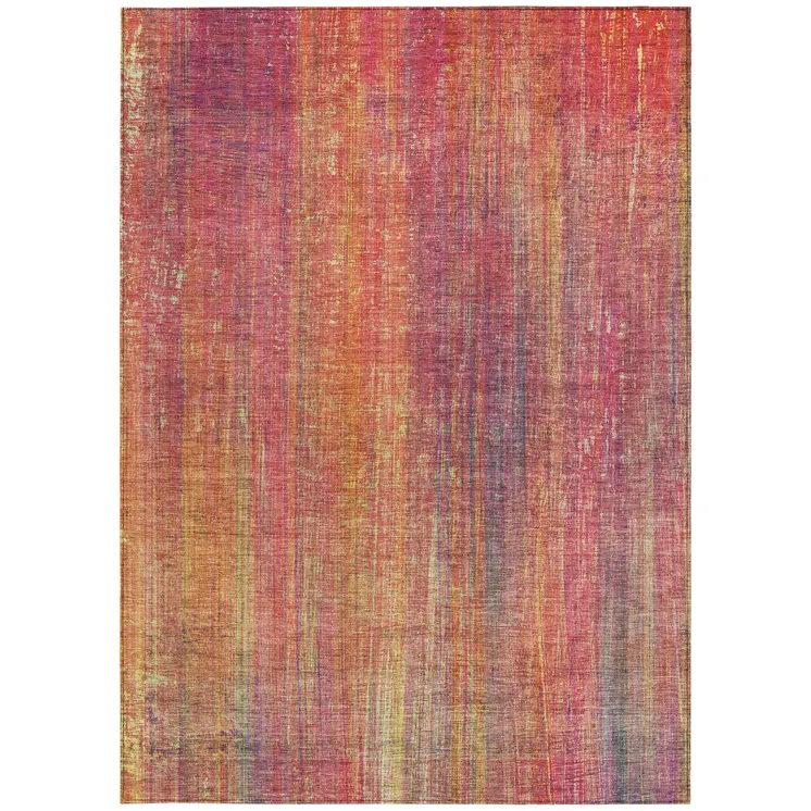 9' X 12' Red and Orange Striped Washable Non Skid Indoor Outdoor Area Rug