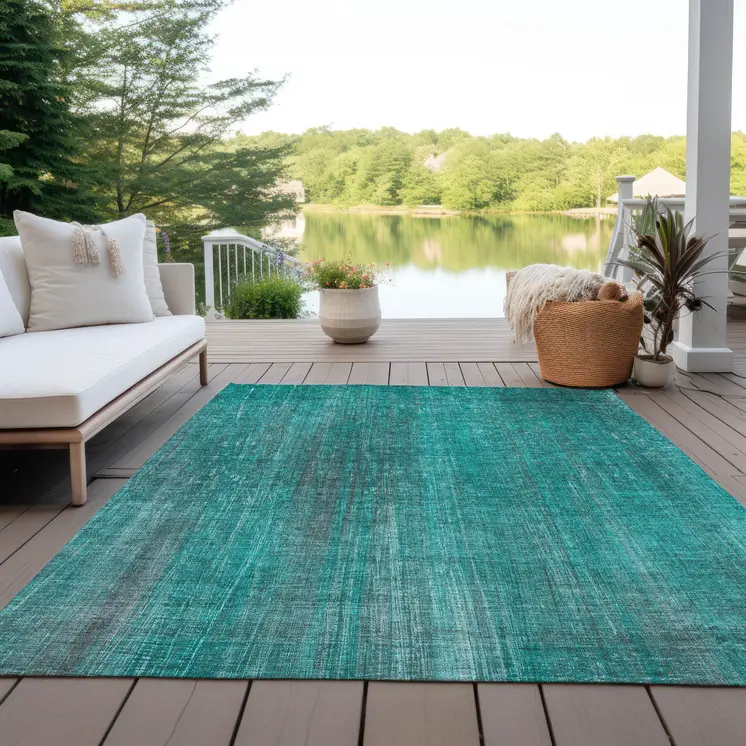 10' X 14' Teal Striped Washable Non Skid Indoor Outdoor Area Rug