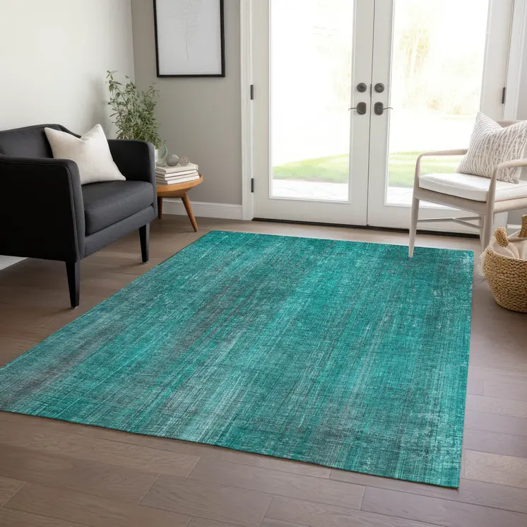 10' X 14' Teal Striped Washable Non Skid Indoor Outdoor Area Rug