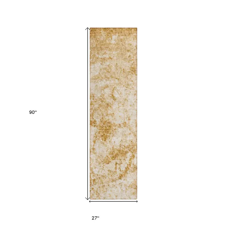 8' Runner Cream and Gold Abstract Washable Non Skid Indoor Outdoor Runner Rug