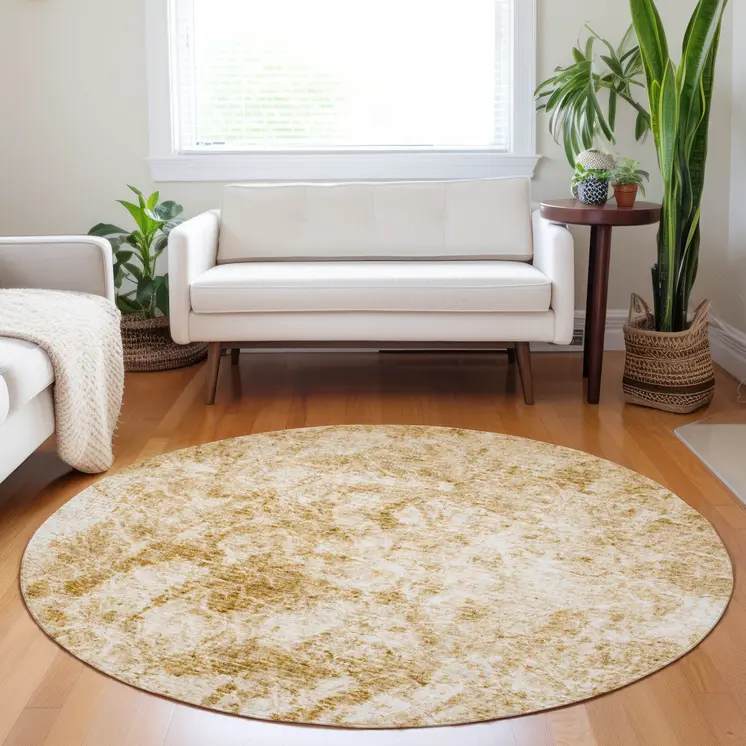 8' Round Cream and Gold Round Abstract Washable Non Skid Indoor Outdoor Area Rug