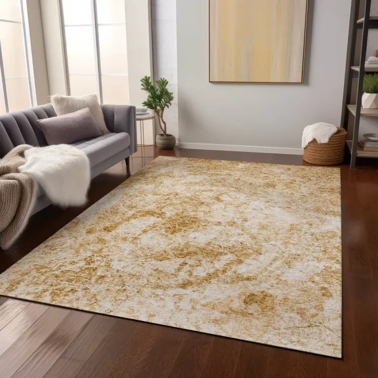 9' X 12' Beige and Gold Abstract Washable Non Skid Indoor Outdoor Area Rug