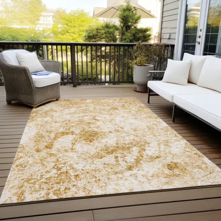 10' X 14' Cream and Gold Abstract Washable Non Skid Indoor Outdoor Area Rug