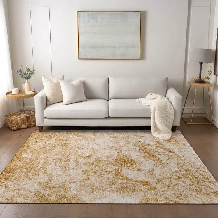 10' X 14' Cream and Gold Abstract Washable Non Skid Indoor Outdoor Area Rug