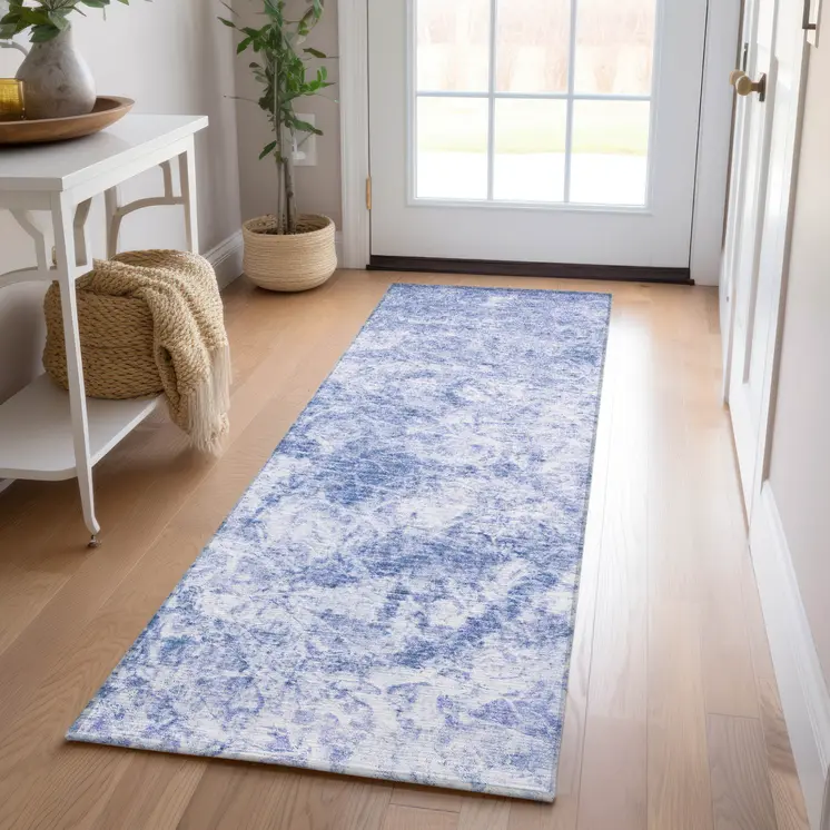 8' Runner Blue Abstract Washable Non Skid Indoor Outdoor Runner Rug