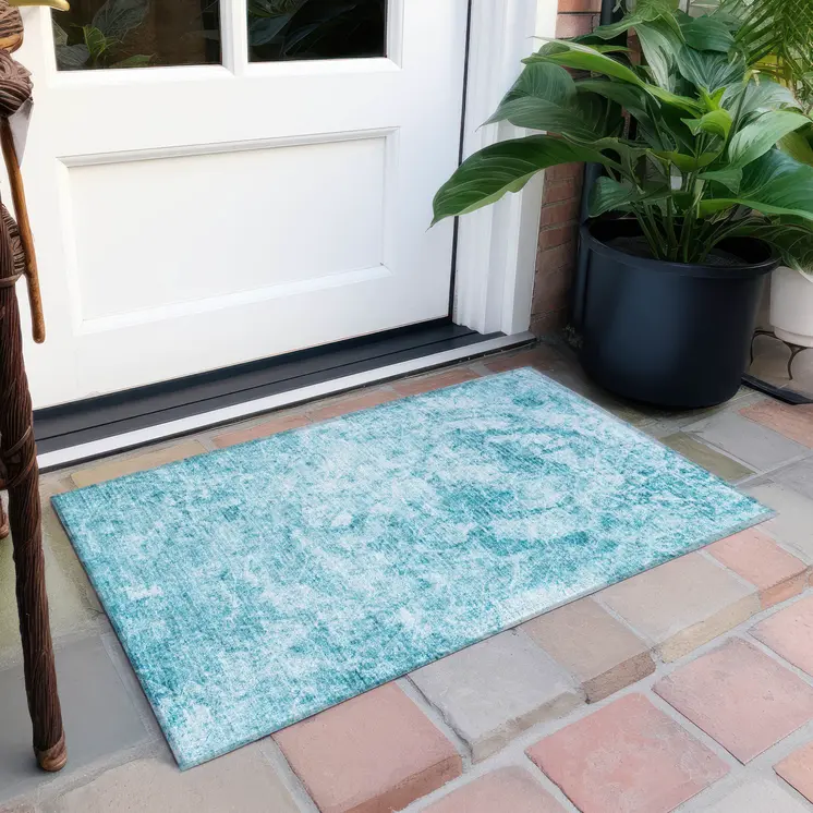 2' X 3' Teal Abstract Washable Non Skid Indoor Outdoor Area Rug