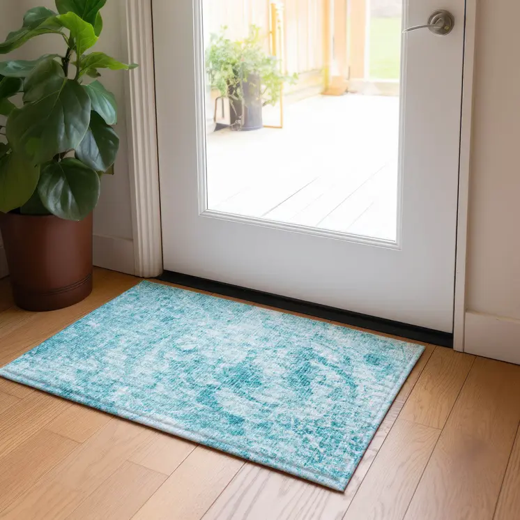 2' X 3' Teal Abstract Washable Non Skid Indoor Outdoor Area Rug