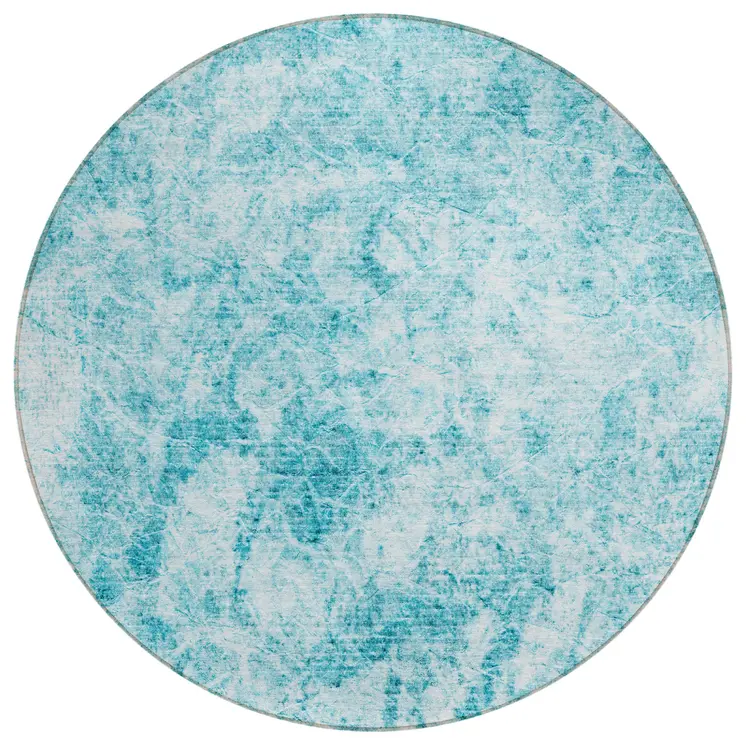 8' Round Teal Round Abstract Washable Non Skid Indoor Outdoor Area Rug