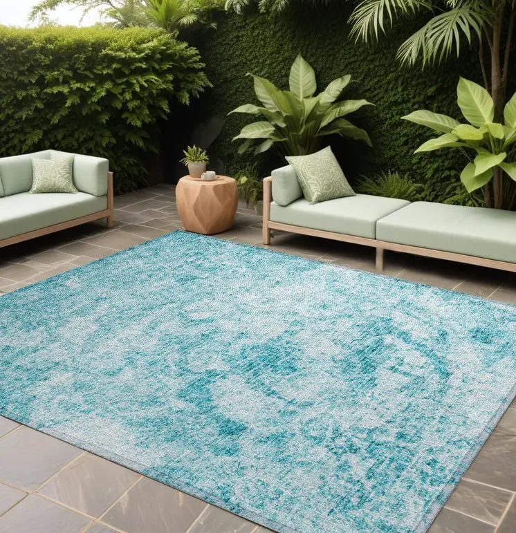 10' X 14' Teal Abstract Washable Non Skid Indoor Outdoor Area Rug