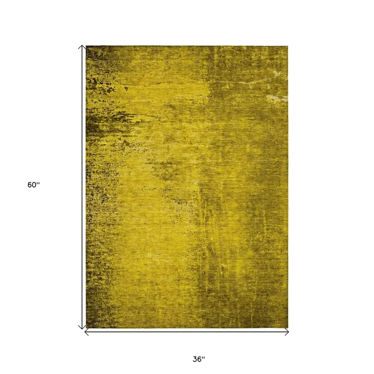 3' X 5' Gold Abstract Washable Non Skid Indoor Outdoor Area Rug