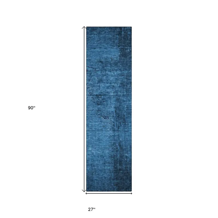 8' Runner Navy Blue Abstract Washable Non Skid Indoor Outdoor Runner Rug
