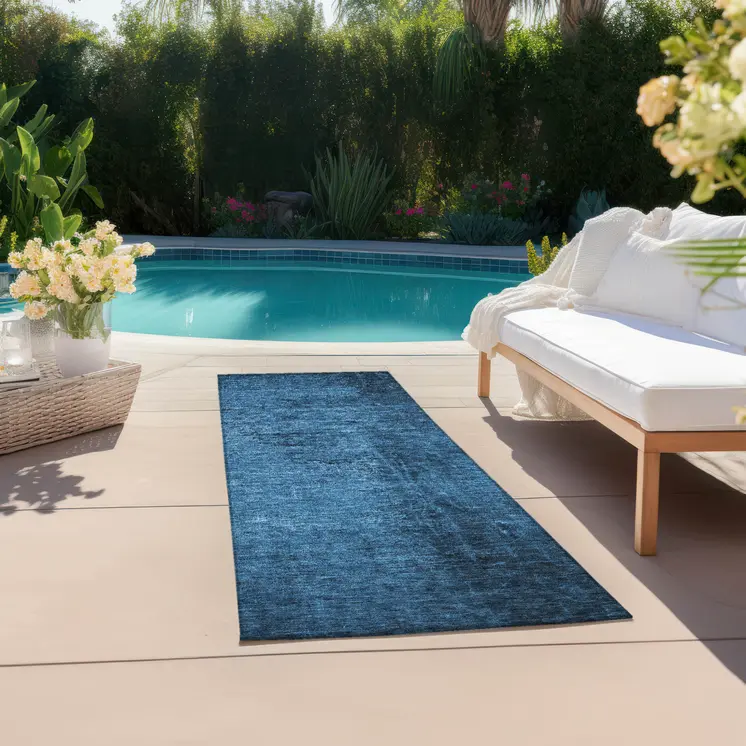 8' Runner Navy Blue Abstract Washable Non Skid Indoor Outdoor Runner Rug
