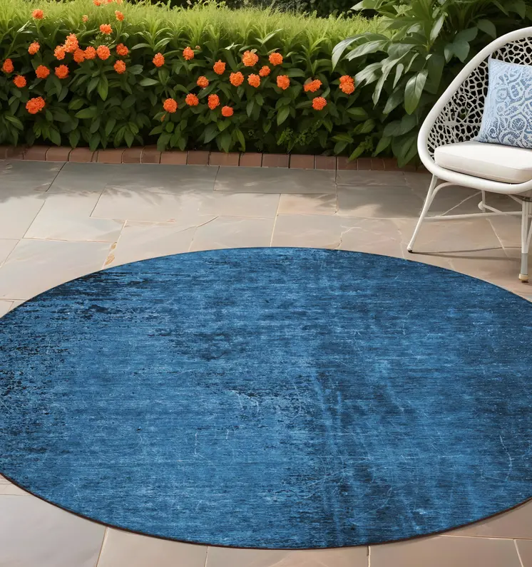 8' Round Navy Blue Round Abstract Washable Non Skid Indoor Outdoor Area Rug