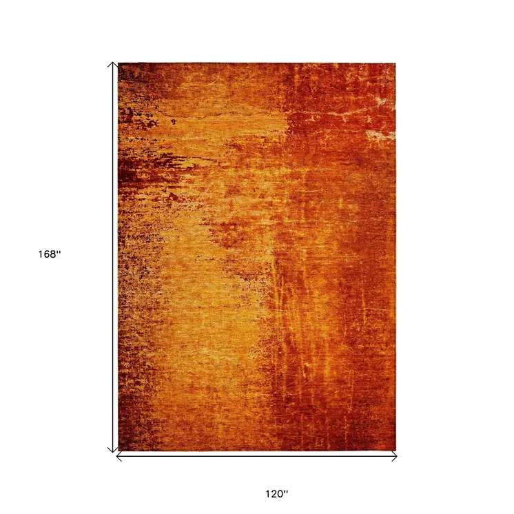 10' X 14' Orange Abstract Washable Non Skid Indoor Outdoor Area Rug