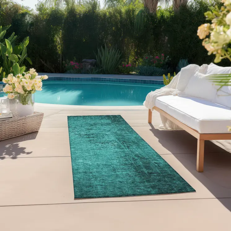 8' Runner Teal Abstract Washable Non Skid Indoor Outdoor Runner Rug