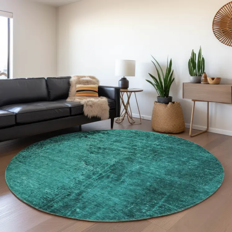 8' Round Teal Round Abstract Washable Non Skid Indoor Outdoor Area Rug