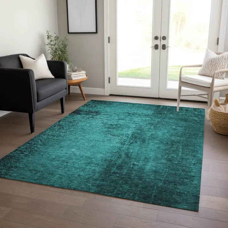 9' X 12' Teal Abstract Washable Non Skid Indoor Outdoor Area Rug