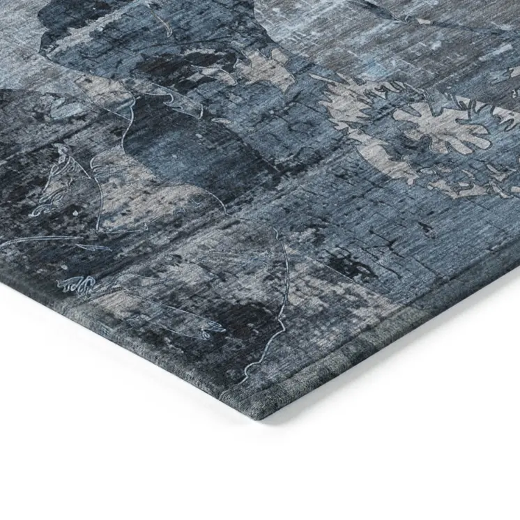 2' X 3' Blue and Dark Blue Abstract Washable Indoor Outdoor Area Rug