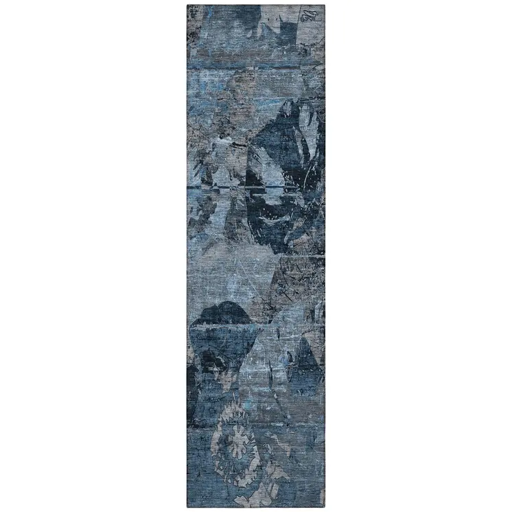 2' X 8' Blue and Dark Blue Abstract Washable Indoor Outdoor Runner Rug