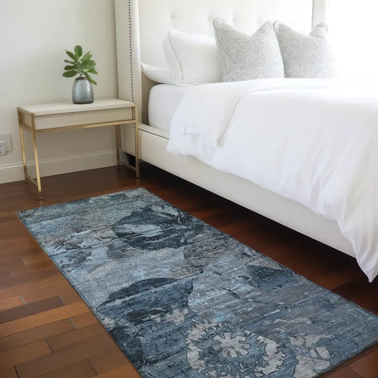 2' X 8' Blue and Dark Blue Abstract Washable Indoor Outdoor Runner Rug
