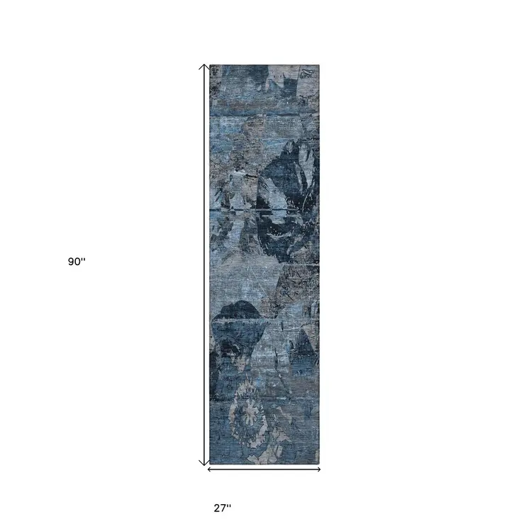 2' X 8' Blue and Dark Blue Abstract Washable Indoor Outdoor Runner Rug