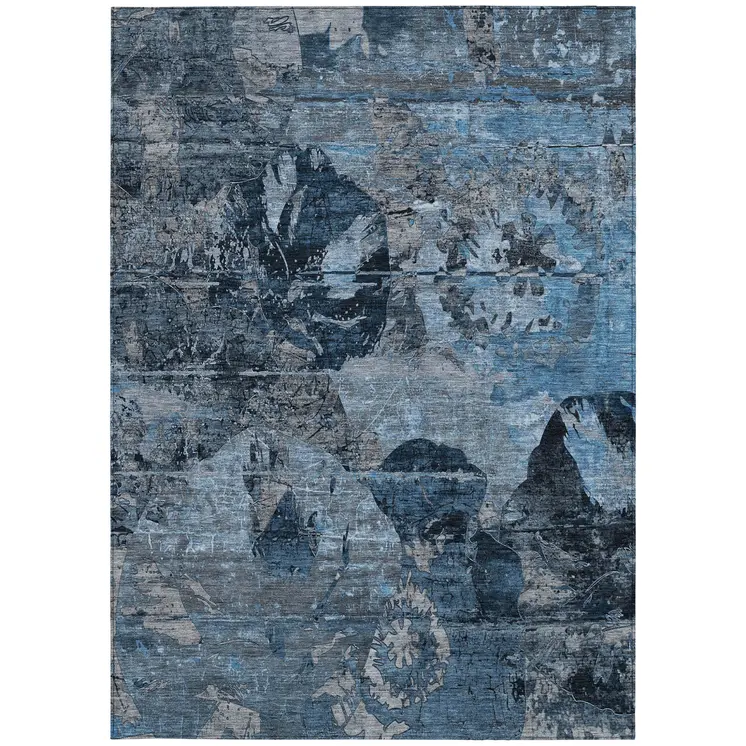 3' X 5' Blue and Dark Blue Abstract Washable Indoor Outdoor Area Rug