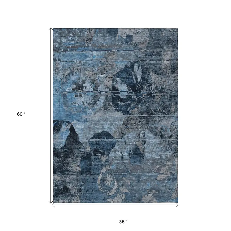 3' X 5' Blue and Dark Blue Abstract Washable Indoor Outdoor Area Rug