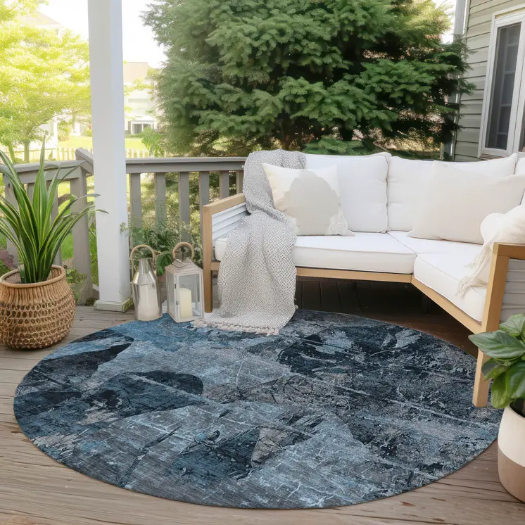 8' Round Blue and Dark Blue Round Floral Washable Non Skid Indoor Outdoor Area Rug